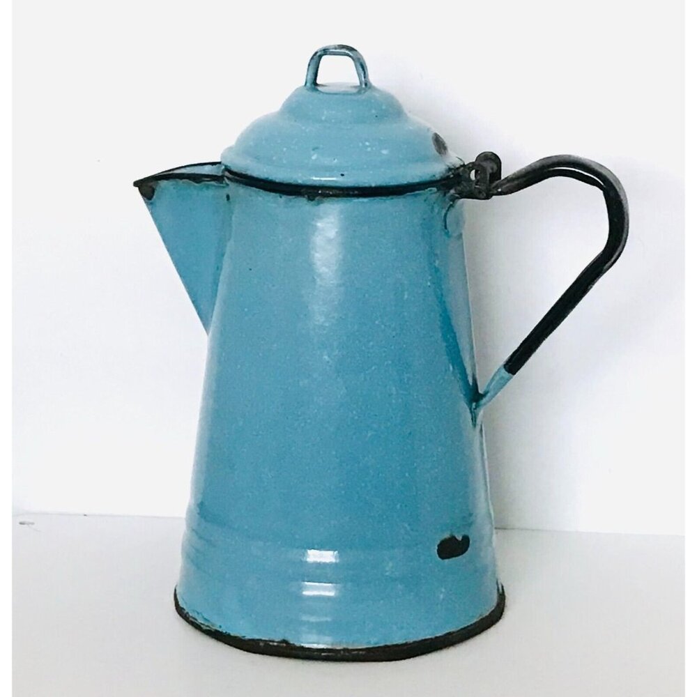 Antique Blue Enamelware Lidded Coffee Pot Robin's Egg Blue Farmhouse 9.25" USA